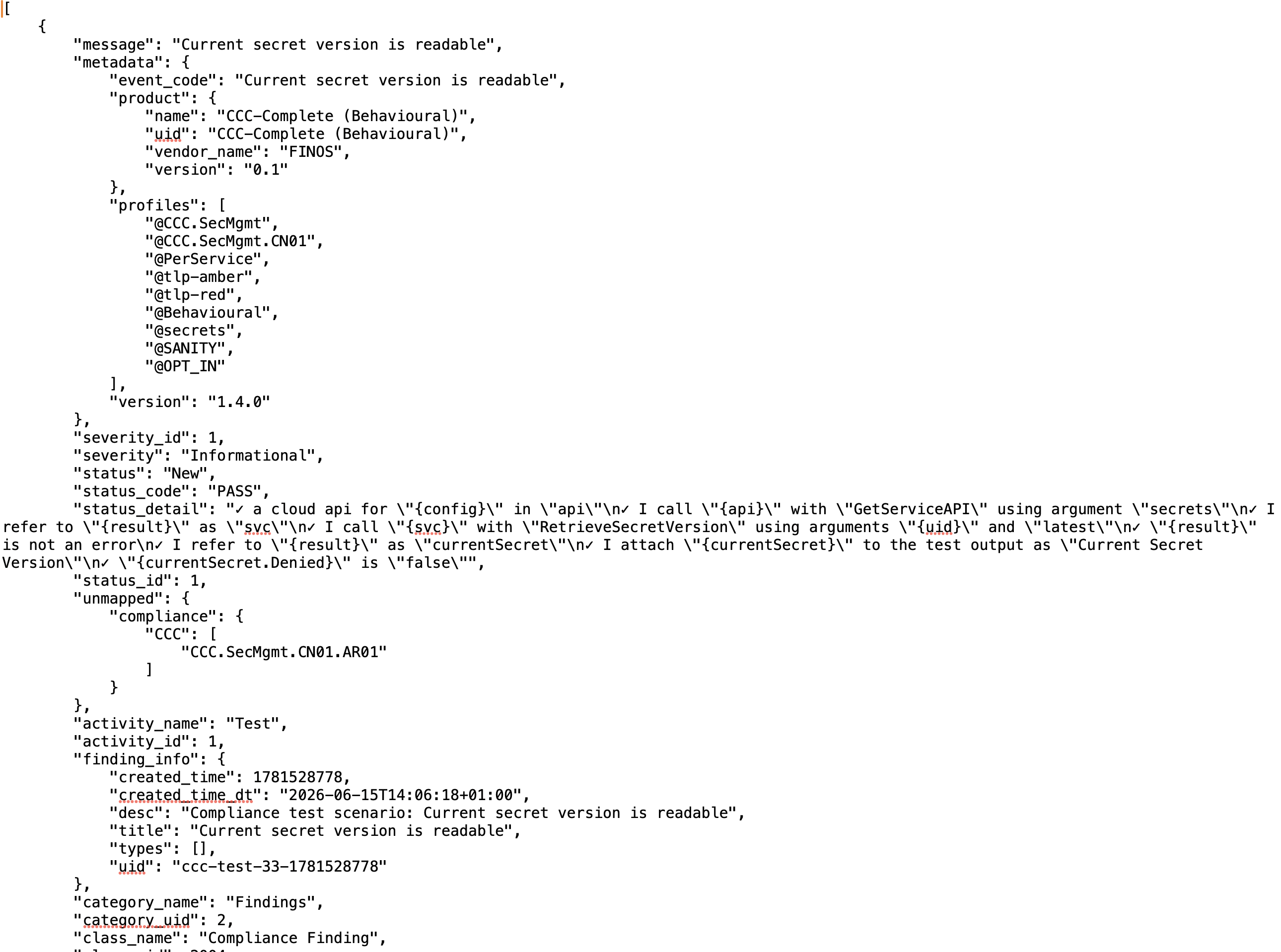 OCSF JSON compliance finding for a passing behavioural test